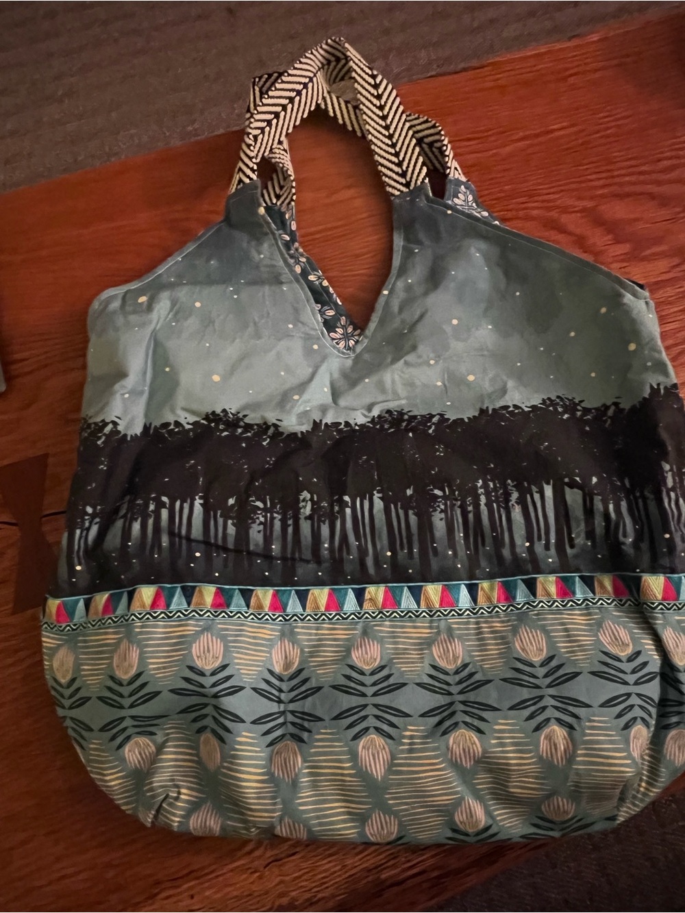 Teal Patterned hand made Tote Bag with Decorative Trim